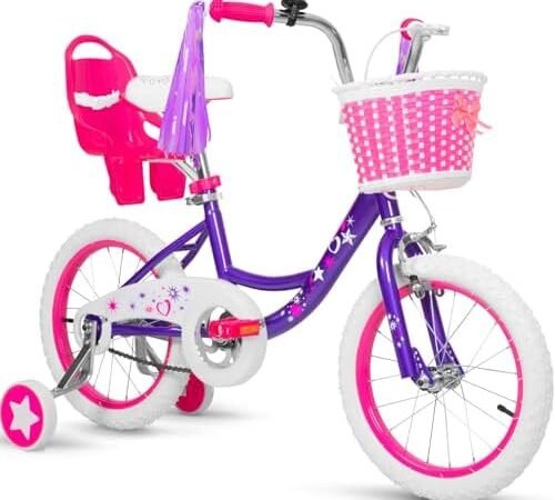 WEIZE Girls Kids Bike 14 16 18 Inch Children Bicycles with Training Wheels | Toddler 3-9 Years Old with Training Wheels Streamers Basket Coaster Brake Bell Chain Cover Beginner Single Speed
