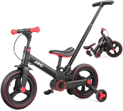 JMMD 6 in 1 Toddler Bike with Push Handle for Kids 18-60 Months, 12″ Foldable Balance Bike with Training Wheels, Pedals, Brakes, Kickstand, Push Tricycle Toddler Gift & Toys for Boy & Girl